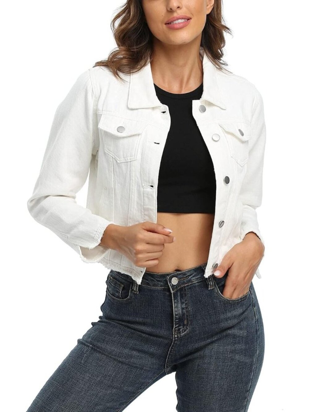 Women’s White Frayed Washed Button Up Cropped Denim Jacket w 2 Side Pockets